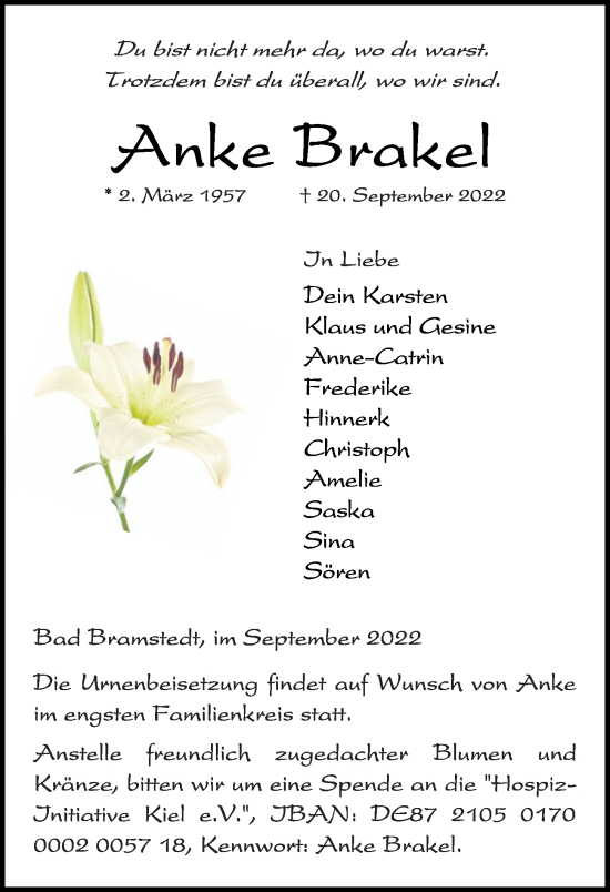 Traueranzeige von Anke Brakel von Kieler Nachrichten