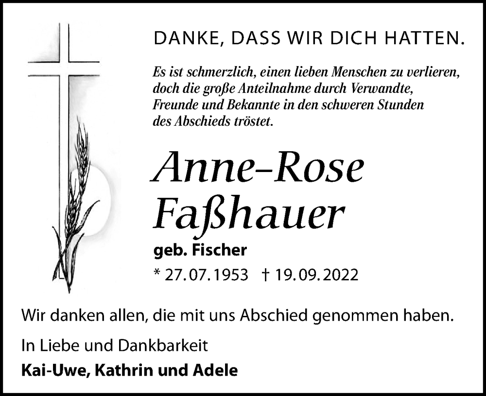  Traueranzeige für Anne-Rose Faßhauer vom 29.09.2022 aus Leipziger Volkszeitung