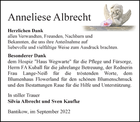 Traueranzeige von Anneliese Albrecht von Märkischen Allgemeine Zeitung