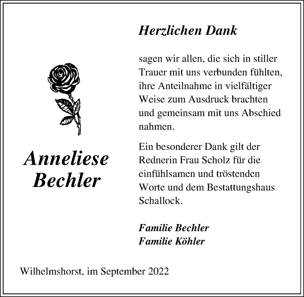  Traueranzeige für Anneliese Bechler vom 17.09.2022 aus Märkischen Allgemeine Zeitung