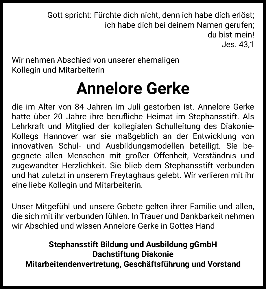  Traueranzeige für Annelore Gerke vom 22.09.2022 aus Hannoversche Allgemeine Zeitung/Neue Presse