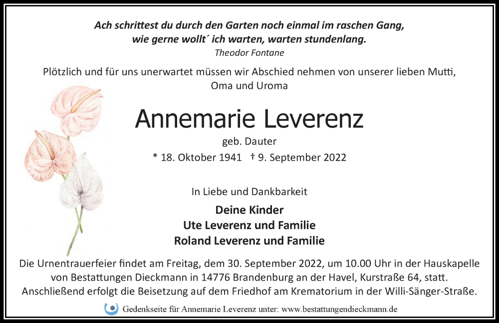  Traueranzeige für Annemarie Leverenz vom 17.09.2022 aus Märkischen Allgemeine Zeitung