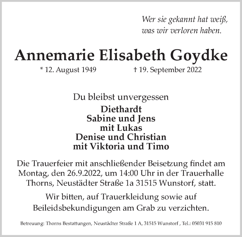  Traueranzeige für Annemarie Elisabeth Goydke vom 24.09.2022 aus Hannoversche Allgemeine Zeitung/Neue Presse