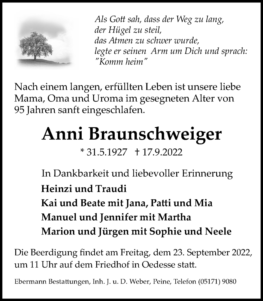  Traueranzeige für Anni Braunschweiger vom 21.09.2022 aus Peiner Allgemeine Zeitung