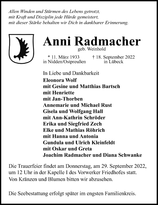 Traueranzeige von Anni Radmacher von Lübecker Nachrichten