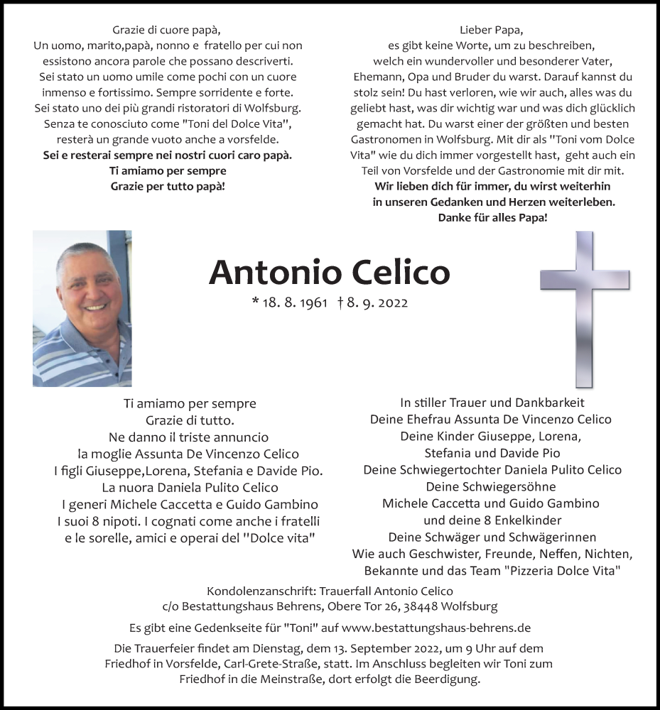  Traueranzeige für Antonio Celico vom 12.09.2022 aus Aller Zeitung