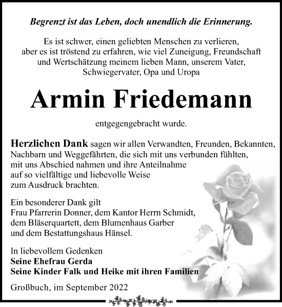 Traueranzeige von Armin Friedemann von Leipziger Volkszeitung