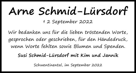 Traueranzeige von Arne Schmid-Lürsdorf von Kieler Nachrichten