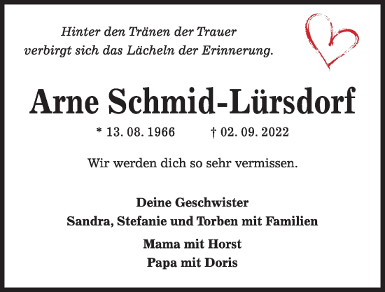 Traueranzeige von Arne Schmid-Lürsdorf von Kieler Nachrichten