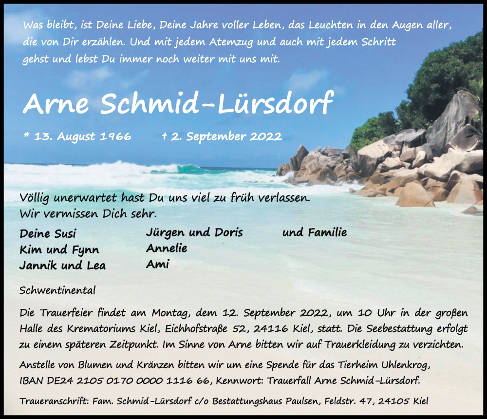  Traueranzeige für Arne Schmid-Lürsdorf vom 10.09.2022 aus Kieler Nachrichten