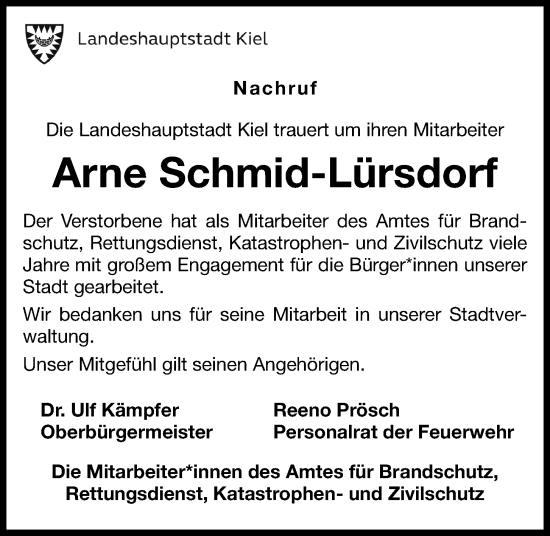 Traueranzeige von Arne Schmid-Lürsdorf von Kieler Nachrichten