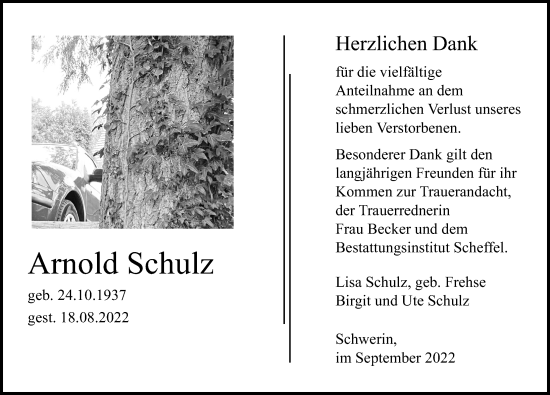 Traueranzeige von Arnold Schulz von Ostsee-Zeitung GmbH