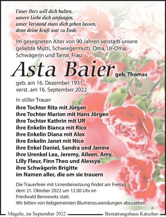 Traueranzeige von Asta Baie von Leipziger Volkszeitung