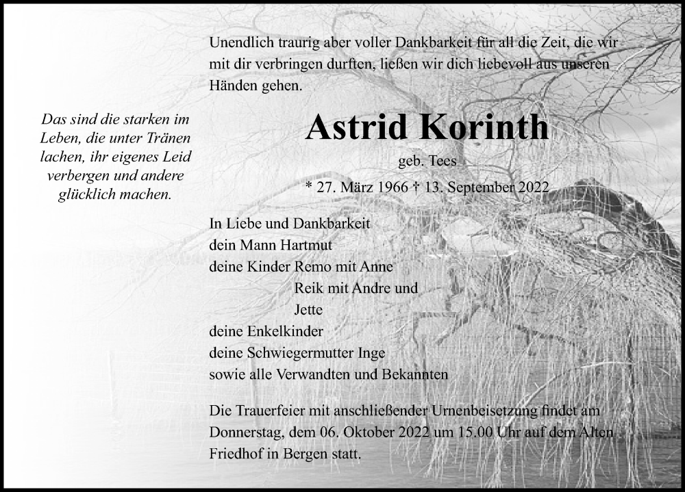  Traueranzeige für Astrid Korinth vom 17.09.2022 aus Ostsee-Zeitung GmbH