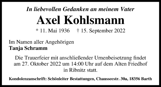 Traueranzeige von Axel Kohlsmann von Ostsee-Zeitung GmbH