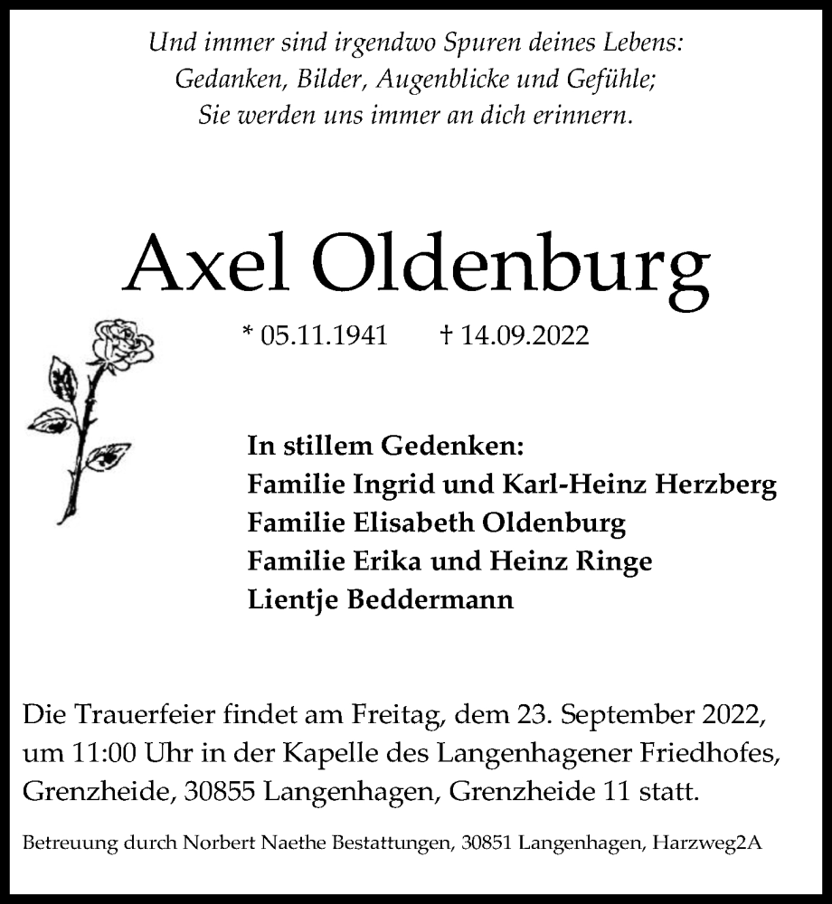  Traueranzeige für Axel Oldenburg vom 21.09.2022 aus Hannoversche Allgemeine Zeitung/Neue Presse