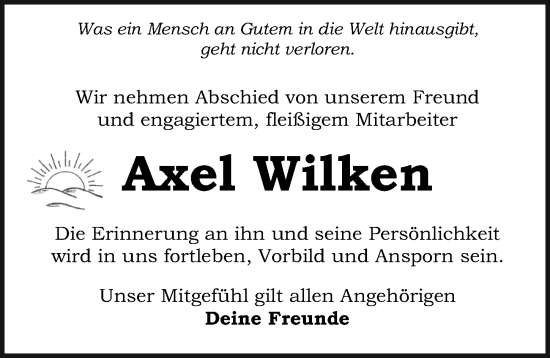 Traueranzeige von Axel Wilken von Ostsee-Zeitung GmbH