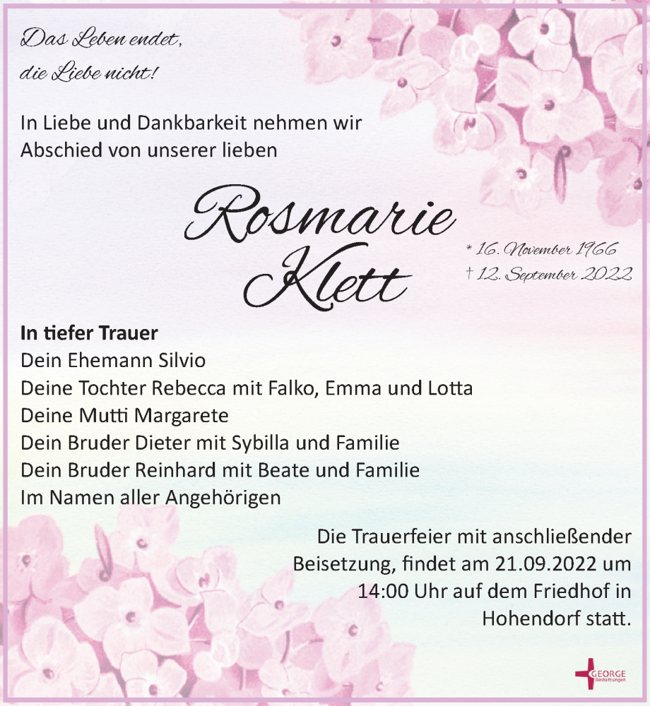  Traueranzeige für Rosmarie Klett vom 17.09.2022 aus Leipziger Volkszeitung