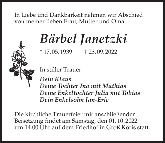 Traueranzeige von Bärbel Janetzki von Märkischen Allgemeine Zeitung
