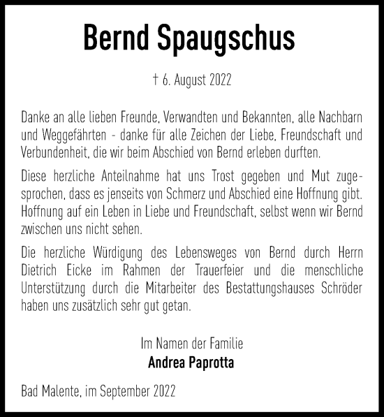 Traueranzeige von Bernd Spaugschus von Lübecker Nachrichten