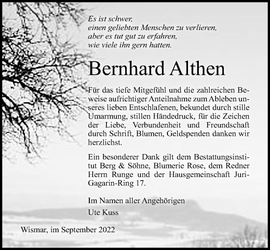 Traueranzeige von Bernhard Althen von Ostsee-Zeitung GmbH