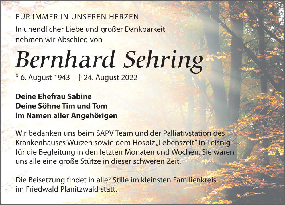  Traueranzeige für Bernhard Sehring vom 10.09.2022 aus Leipziger Volkszeitung