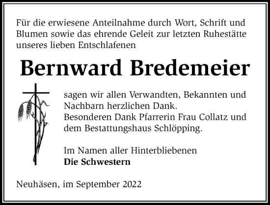 Traueranzeige von Bernward Bredemeier von Märkischen Allgemeine Zeitung