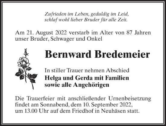 Traueranzeige von Bernward Bredemeier von Märkischen Allgemeine Zeitung