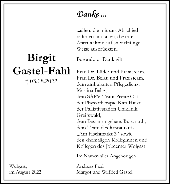 Traueranzeige von Birgit Gastel-Fahl von Ostsee-Zeitung GmbH