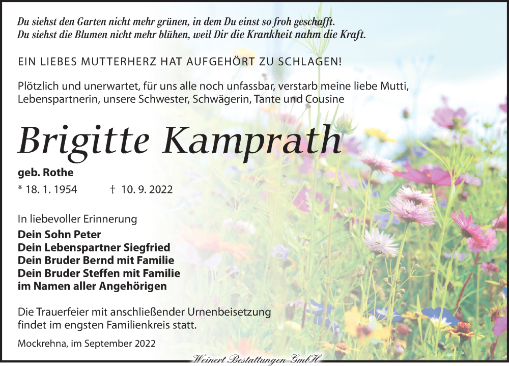  Traueranzeige für Brigitte Kamprath vom 17.09.2022 aus Torgauer Zeitung