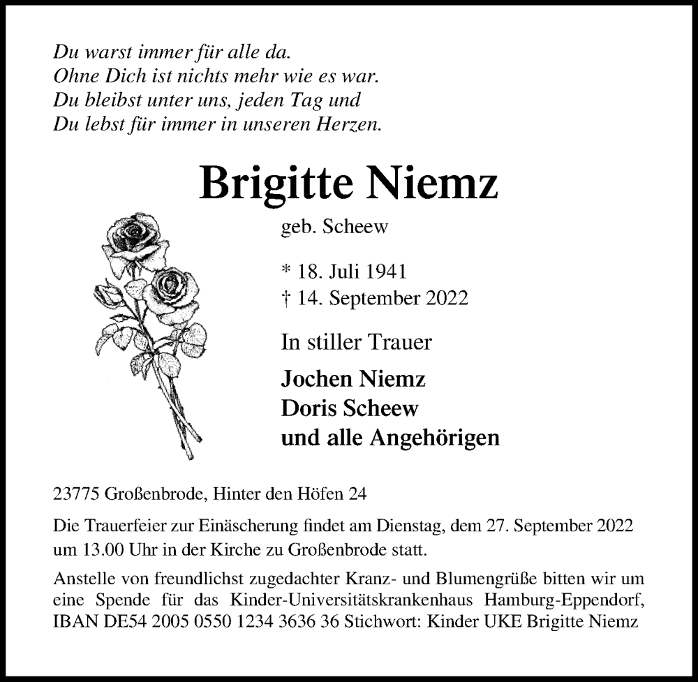  Traueranzeige für Brigitte Niemz vom 21.09.2022 aus Lübecker Nachrichten