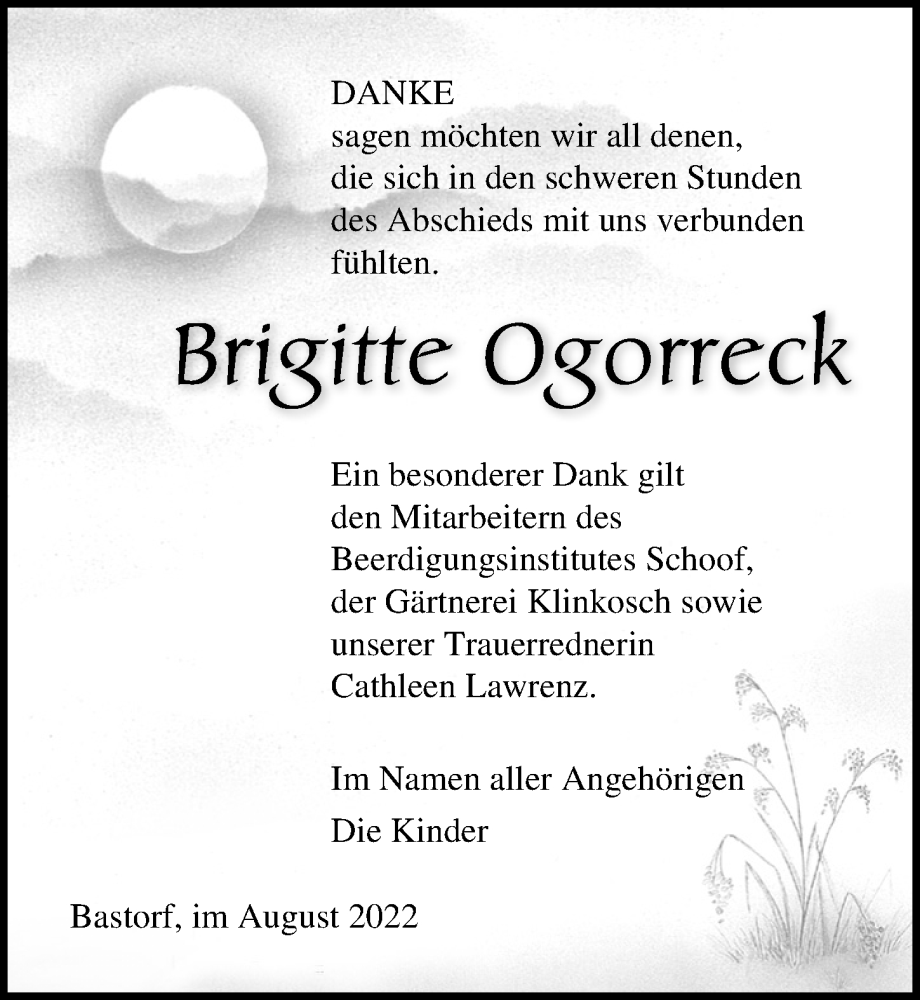  Traueranzeige für Brigitte Ogorreck vom 03.09.2022 aus Ostsee-Zeitung GmbH