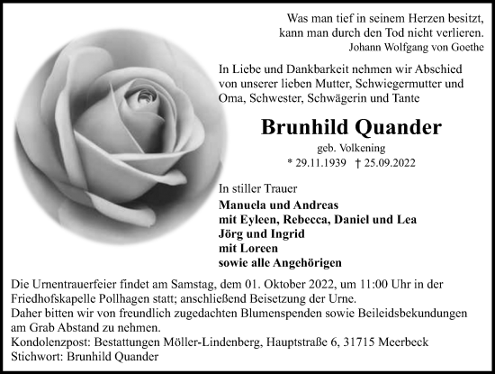 Traueranzeige von Brunhild Quander von Schaumburger Nachrichten