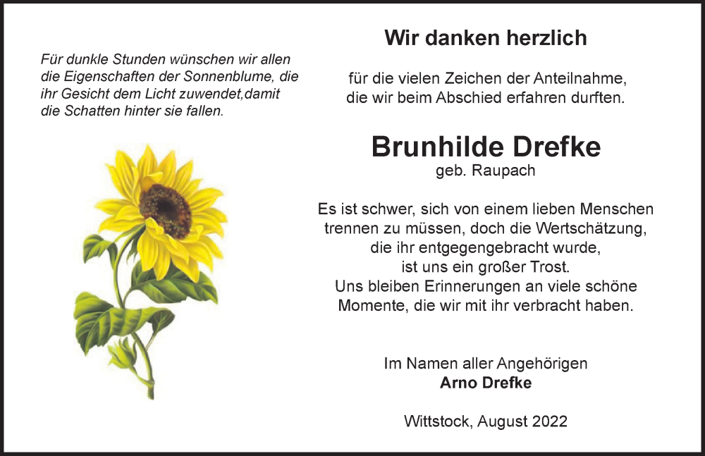  Traueranzeige für Brunhilde Drefke vom 03.09.2022 aus Märkischen Allgemeine Zeitung
