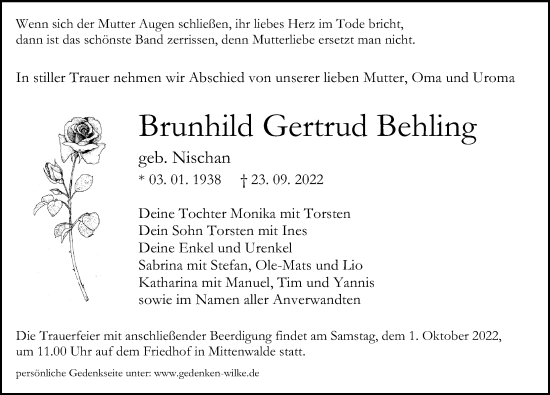 Traueranzeige von Brunhild Gertrud Behling von Märkischen Allgemeine Zeitung