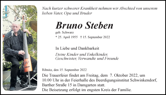 Traueranzeige von Bruno Steben von Ostsee-Zeitung GmbH