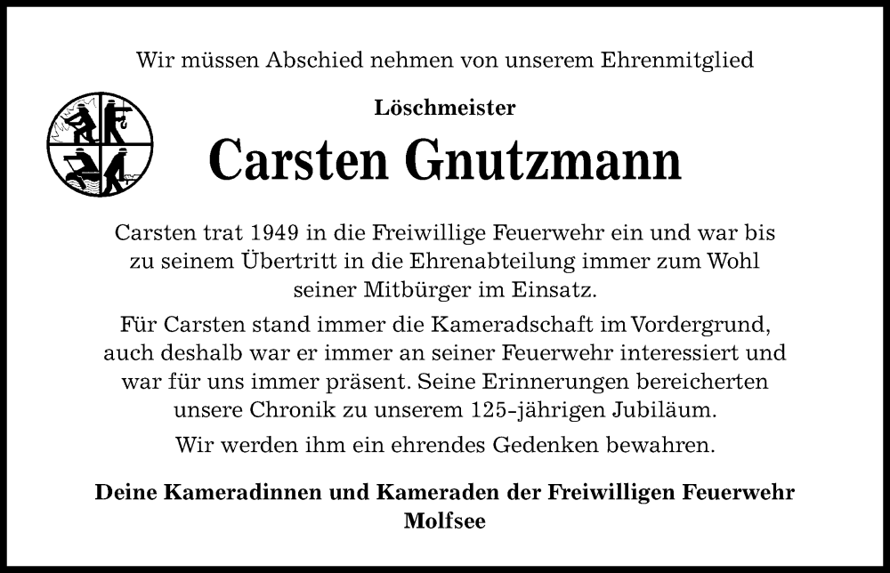  Traueranzeige für Carsten Gnutzmann vom 01.10.2022 aus Kieler Nachrichten