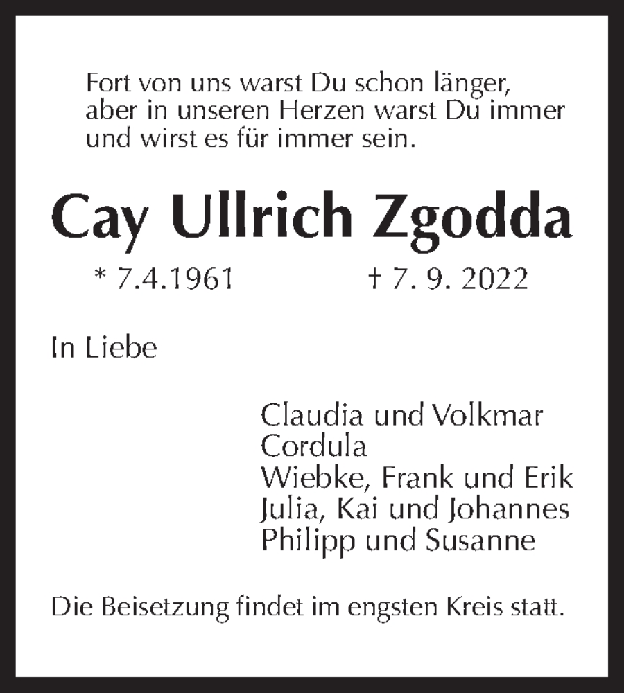  Traueranzeige für Cay Ullrich Zgodda vom 24.09.2022 aus Hannoversche Allgemeine Zeitung/Neue Presse