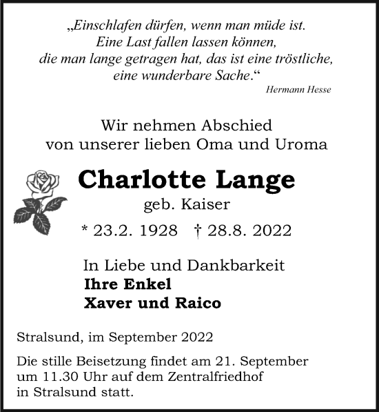 Traueranzeige von Charlotte Lange von Ostsee-Zeitung GmbH