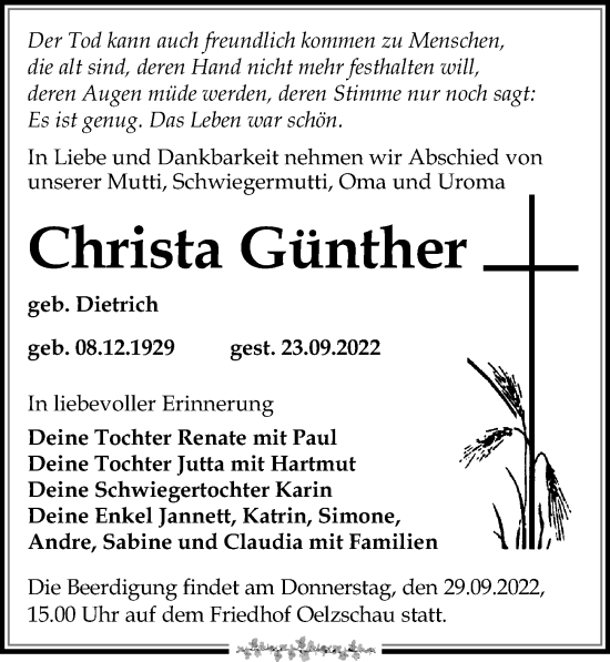 Traueranzeige von Christa Günther von Leipziger Volkszeitung