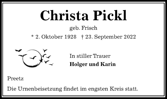 Traueranzeige von Christa Pickl von Kieler Nachrichten
