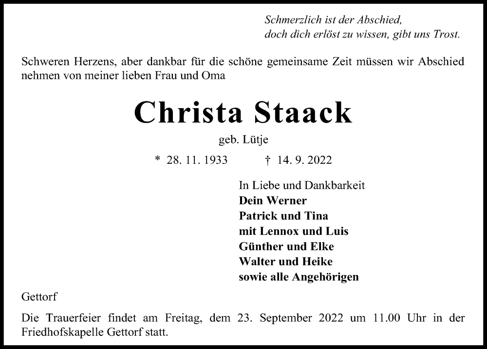  Traueranzeige für Christa Staack vom 17.09.2022 aus Kieler Nachrichten