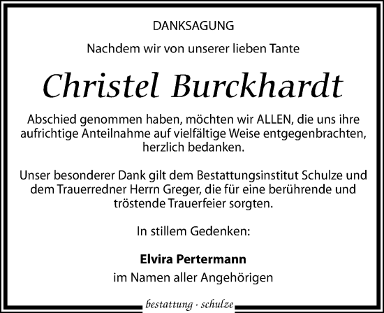 Traueranzeige von Christel Burckhardt von Leipziger Volkszeitung