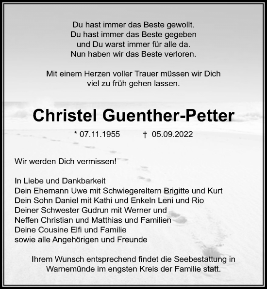 Traueranzeige von Christel Guenther-Petter von Märkischen Allgemeine Zeitung