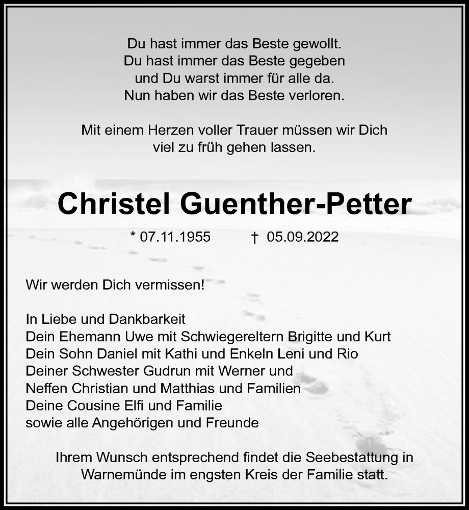  Traueranzeige für Christel Guenther-Petter vom 17.09.2022 aus Märkischen Allgemeine Zeitung