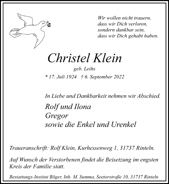 Traueranzeige von Christel Klein von Schaumburger Nachrichten