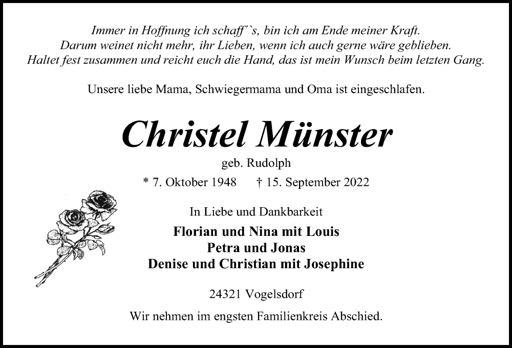 Traueranzeige für Christel Münster vom 21.09.2022 aus Kieler Nachrichten