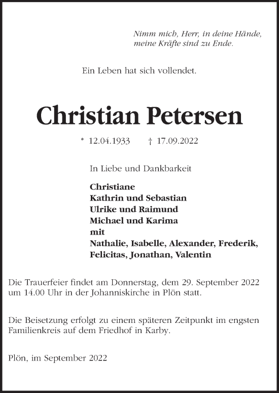 Traueranzeige von Christian Petersen von Kieler Nachrichten