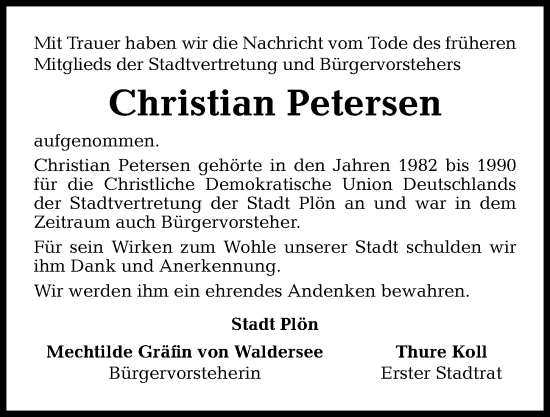 Traueranzeige von Christian Petersen von Kieler Nachrichten