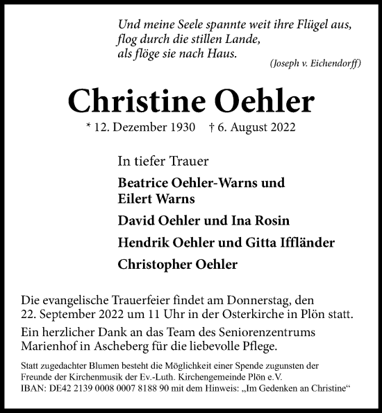 Traueranzeige von Christine Oehler von Kieler Nachrichten